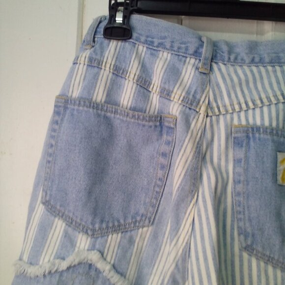 Zanadi Shorts Women 11 12 Denim Vintage High Rise Stripe Spellout Pocket Blue - Picture 12 of 16